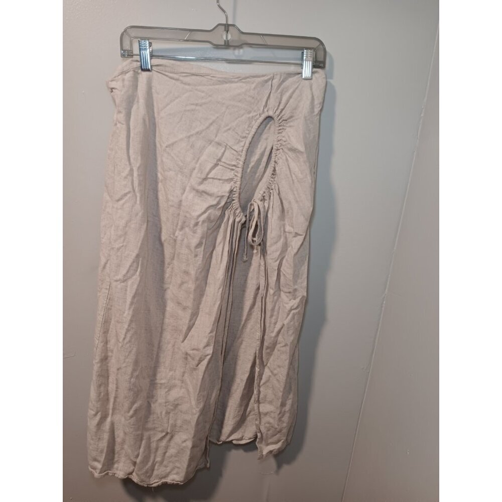 Stradivarius Beige Neutral Linen Asymmetrical Tie Side Boho Midi Skirt SIZE 10